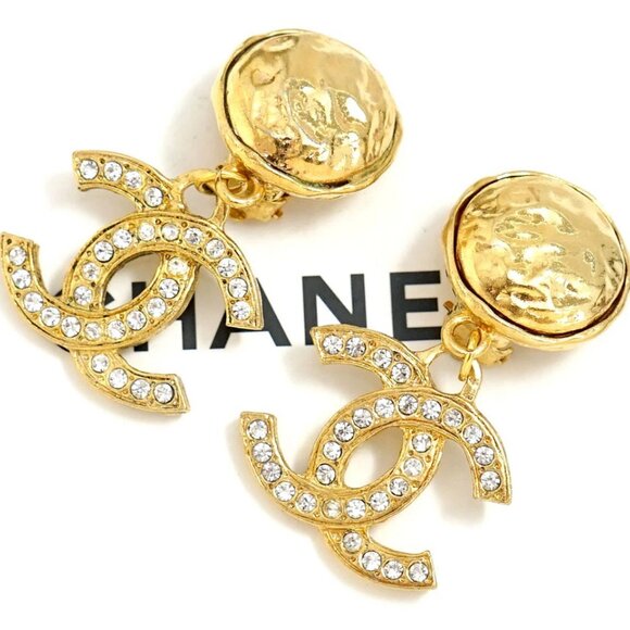 CHANEL CC Logos Rhinestone Round Drop Earrings Gold Tone Auth w/Box c11280 - Picture 1 of 7